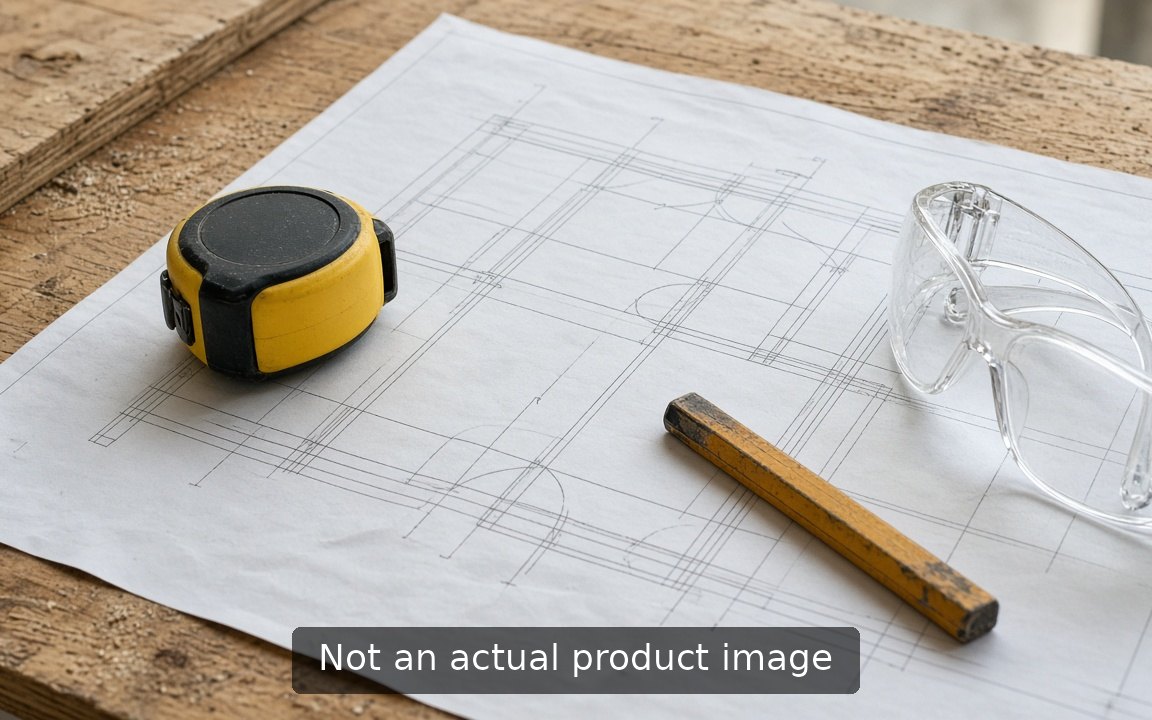 Blueprints with tape measure, pencil and safety glasses on a plywood table