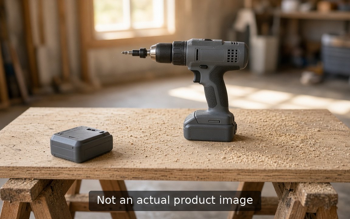 Cordless drill and spare battery on a board across sawhorses
