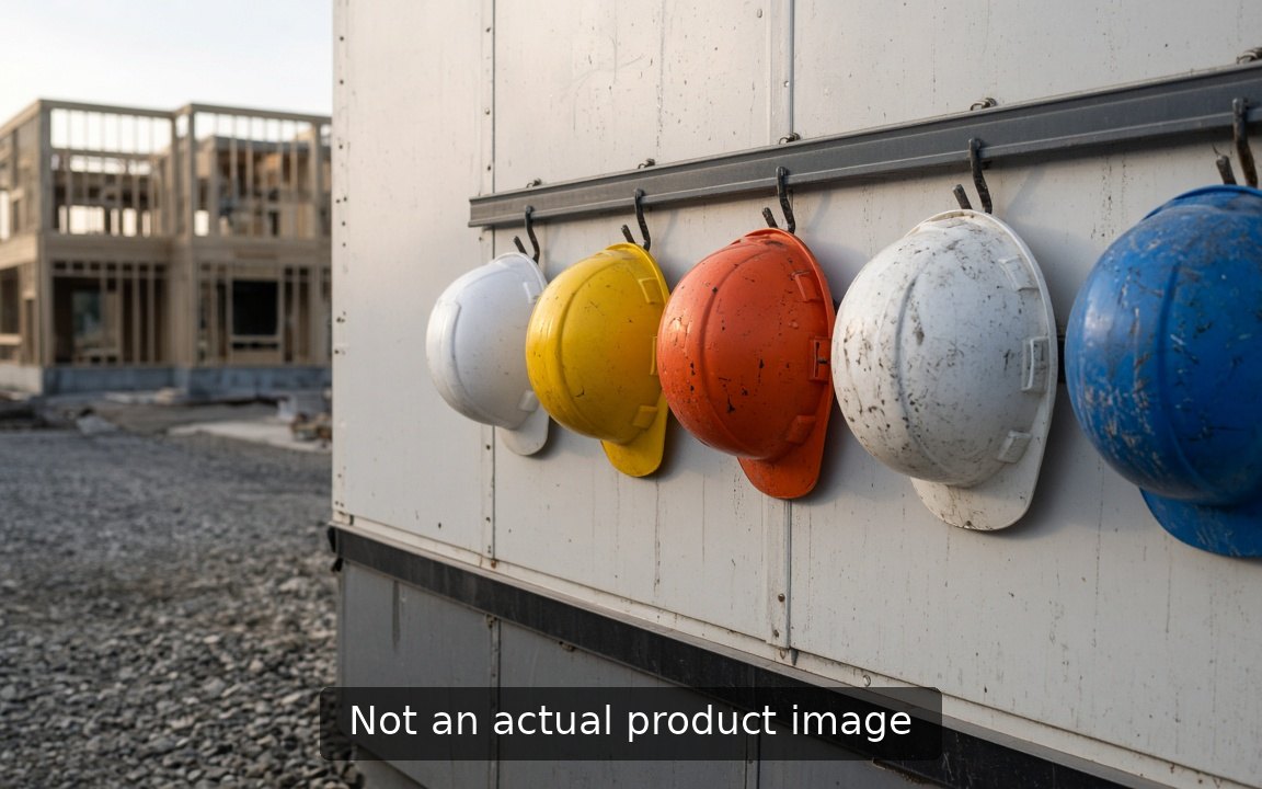 Row of hard hats hanging on a jobsite trailer