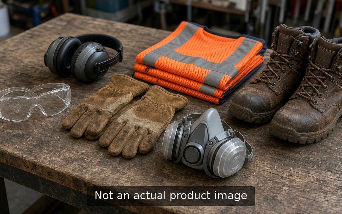 Safety glasses, earmuffs, gloves, hi-vis vest, respirator and boots on a bench