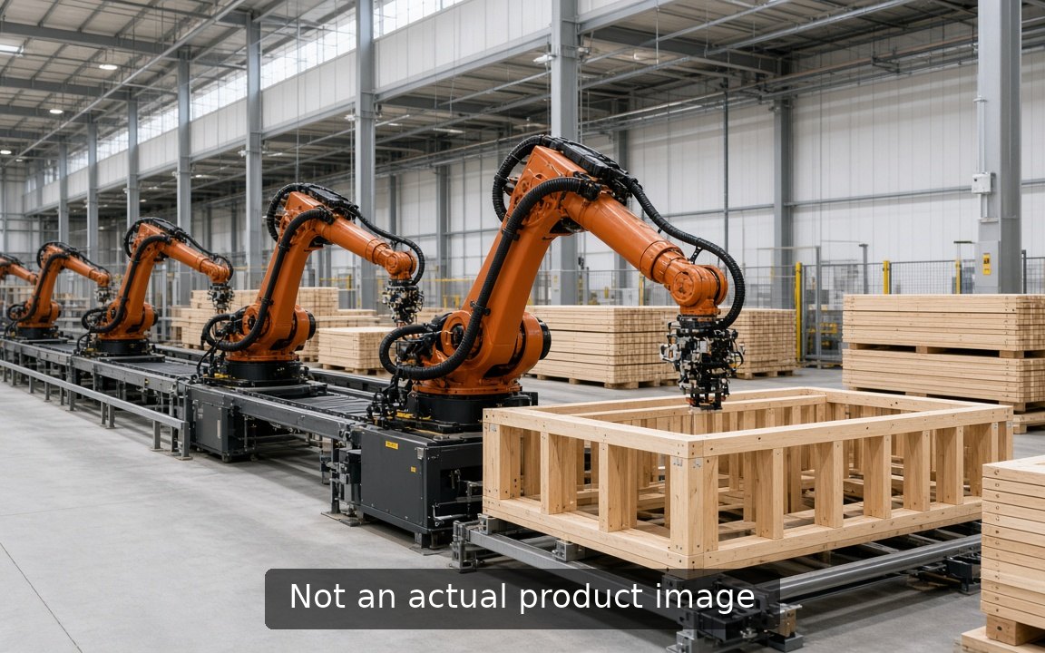 Robotic arms assembling prefab wall panels in a factory