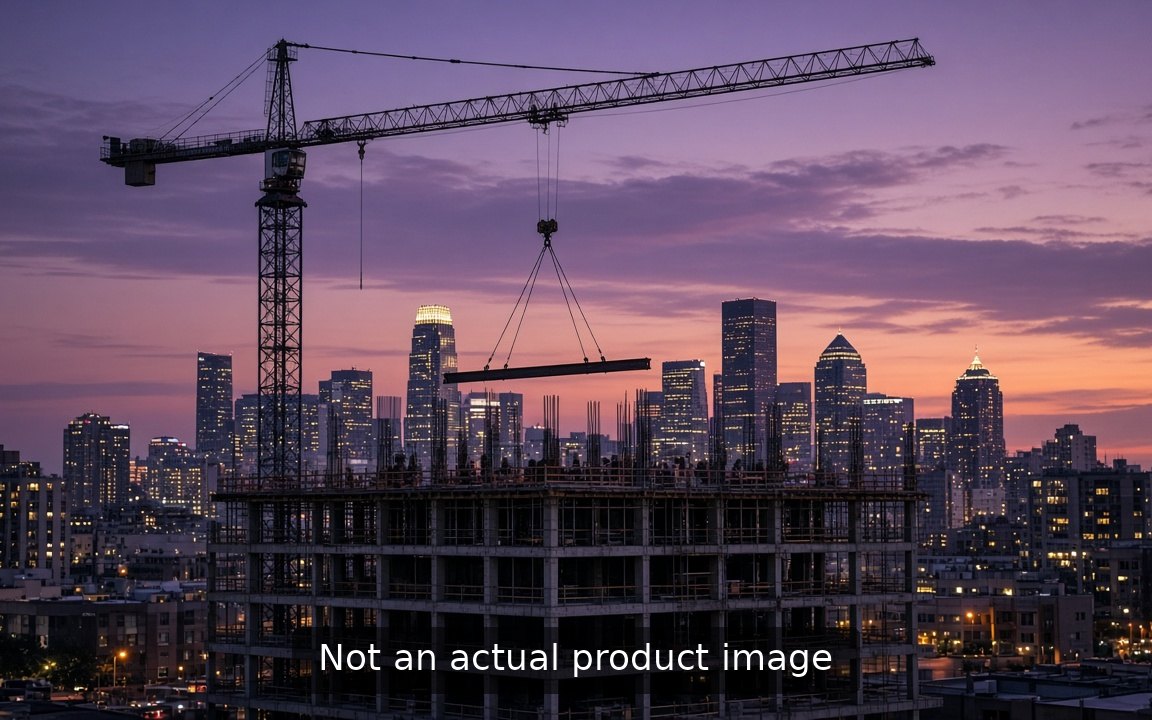 Tower crane lifting steel over a downtown building at dusk