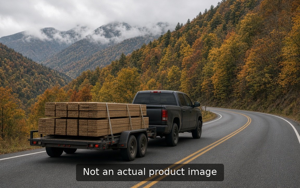 Pickup towing a trailer of lumber on a fall mountain road